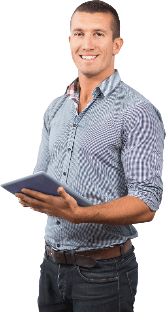 Transparent Male Professional with Digital Tablet Smiling
