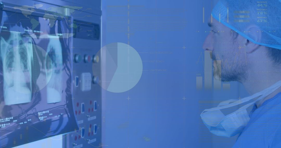 Doctor Analyzing Diagnostic X-ray with Infographic Overlay