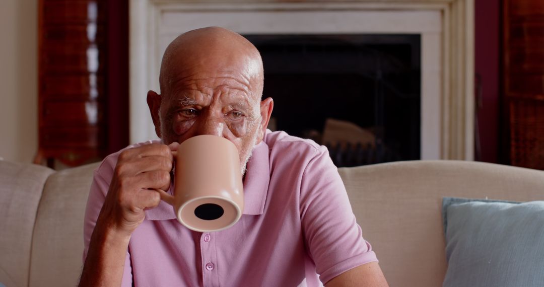 Senior Man Enjoying Hot Beverage Inside Comfortable Home