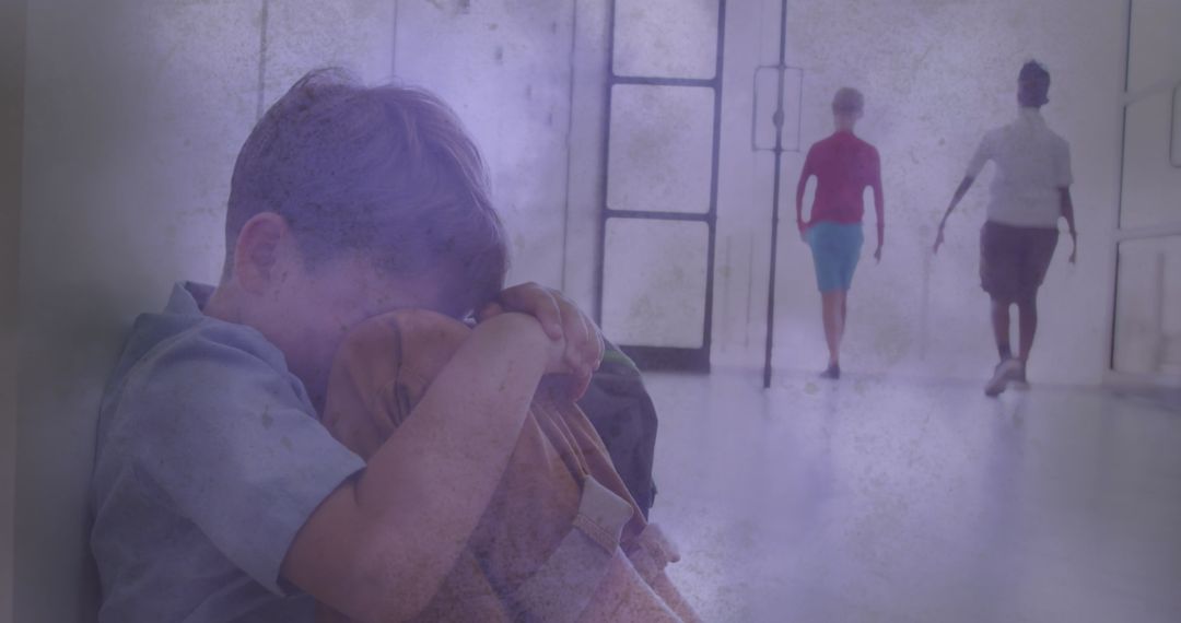 Sad Child Sitting Alone in School Corridor Illustrating Bullying