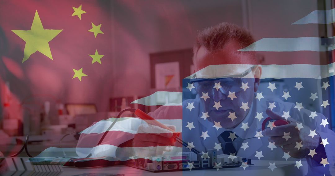 Scientist Researching Overlaid with China and USA Flags