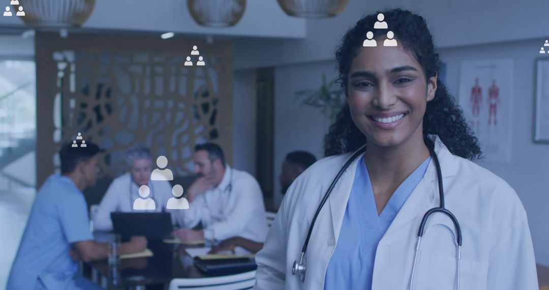 Diverse Doctors Collaborating with Digital Interface Icons