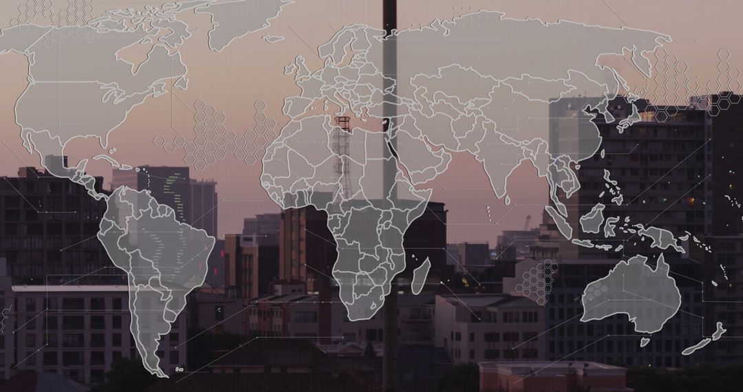 World Map Overlaying Cityscape Highlighting Global Connectivity