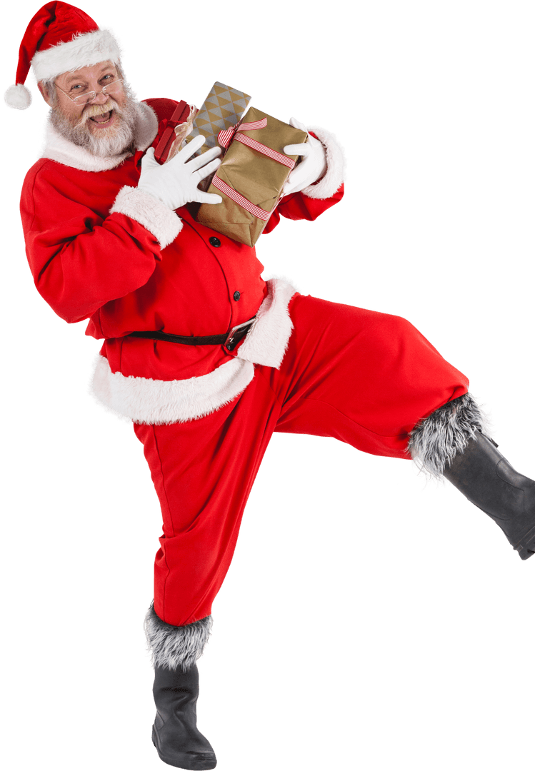 Transparent Playful Santa Claus Holding Present with Joyful Expression