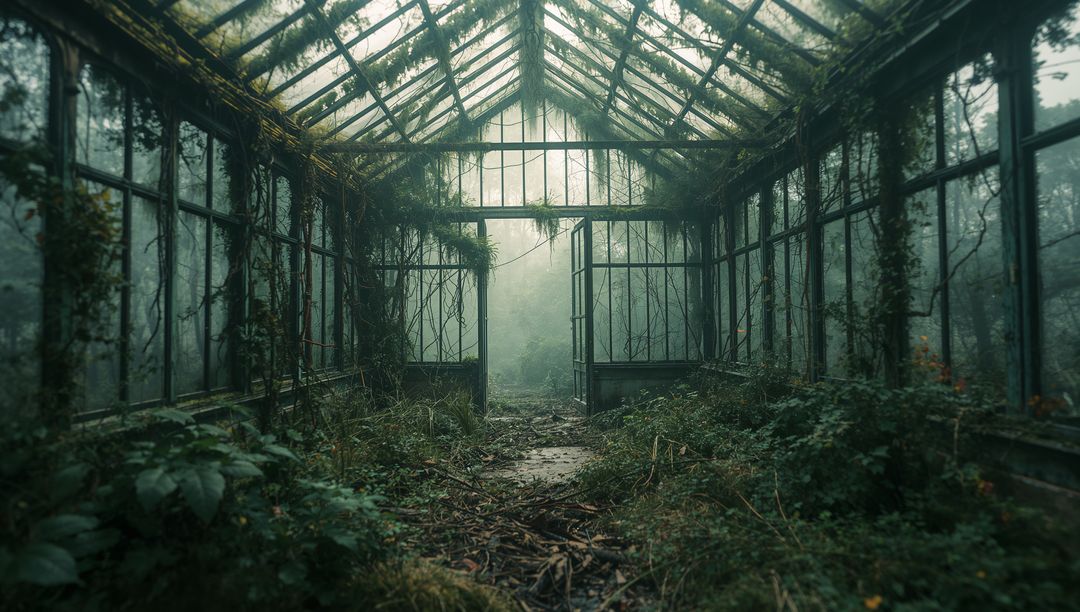 Abandoned Greenhouse Overtaken by Nature in Misty Forest