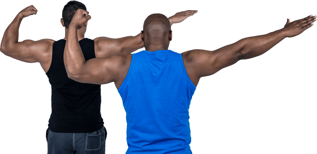 Diverse Friends Flexing Muscles in Stylish Activewear on Transparent Background