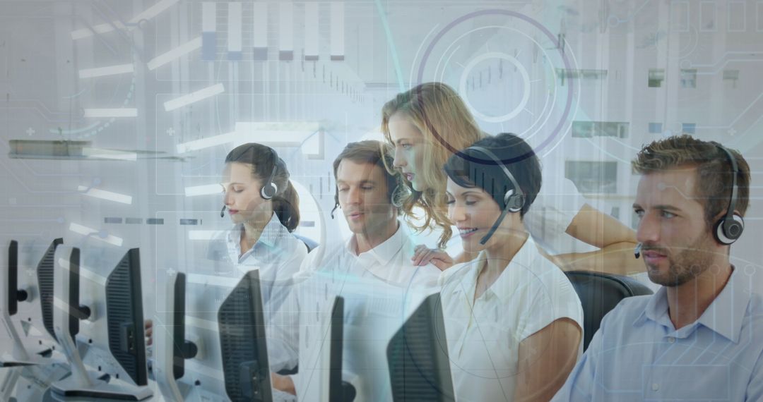 Team Collaborating with Manager in Futuristic Call Center Environment