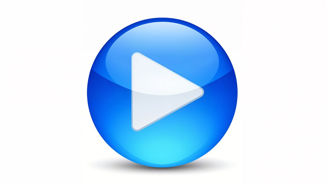 Glossy Blue Circular Play Button Icon with White Triangle Glyph, Glowing 3D Media Control