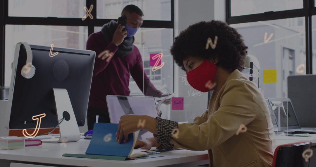 Diverse Business Team Wearing Masks Collaborating in Office with Digital Overlay