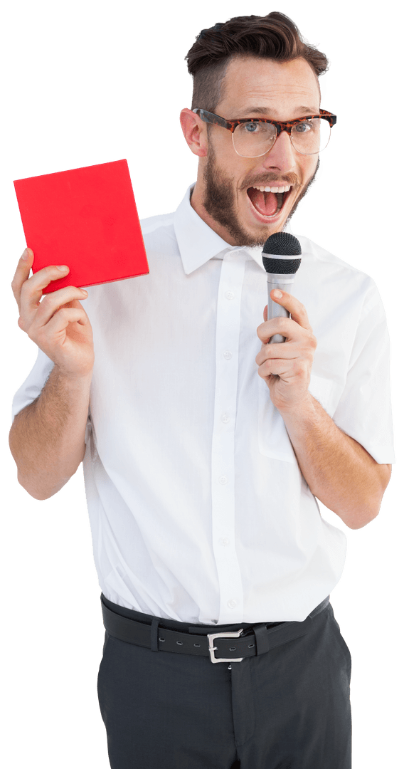 Confident Hipster Businessman With Microphone Holding Red Notebook