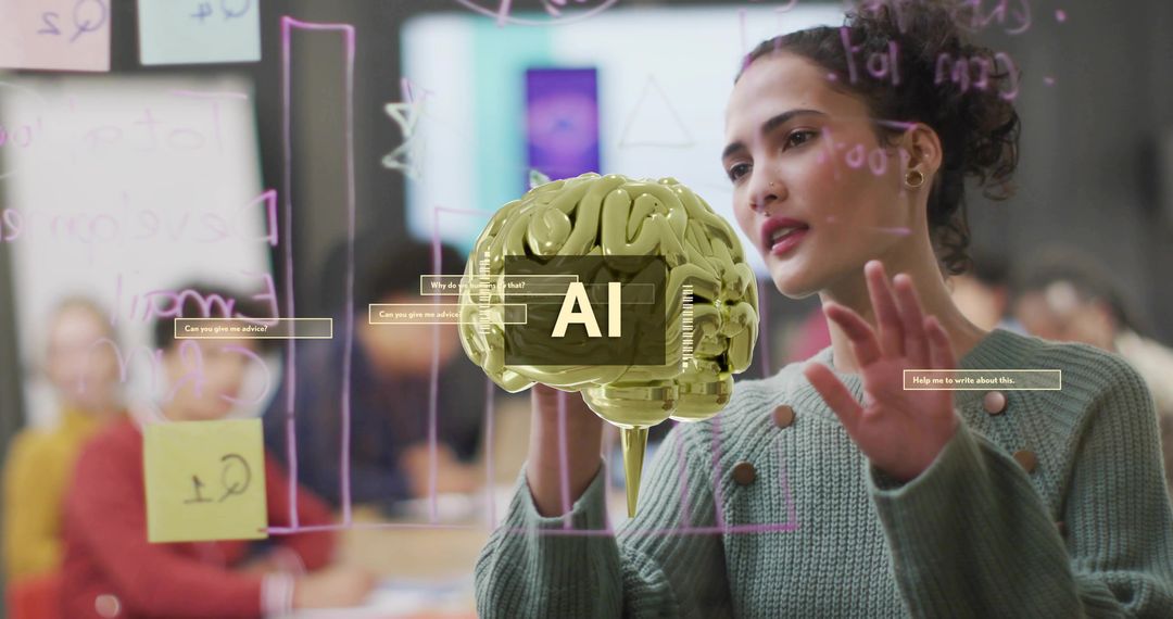 Young woman interacting with floating AI brain during collaborative brainstorming session