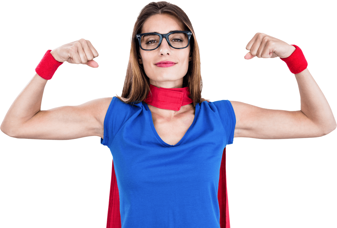 Confident Woman Flexing Muscles in Superhero Costume on Transparent Background