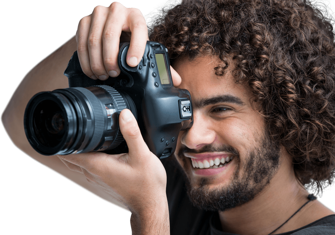 Cheerful Photographer Holding Camera with Transparent Background