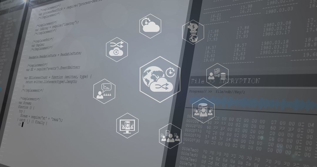 Digital Icons Over Data Processing with Abstract Network Overlay
