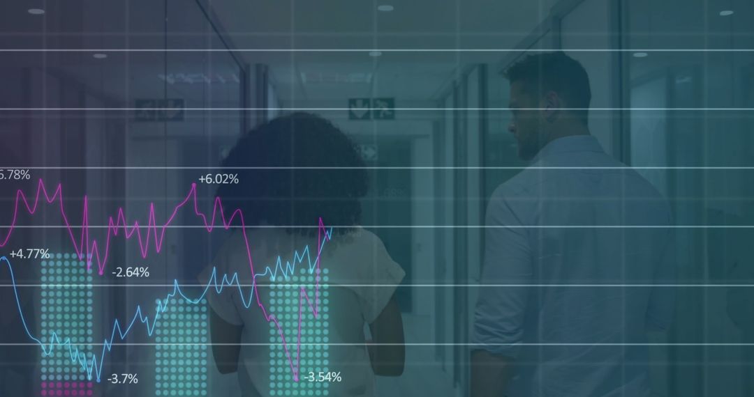 Colleagues Walking Through Office with Digital Data Overlay