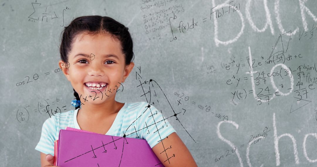 Smiling Biracial Girl Holding Books with Math Formulas on Chalkboard