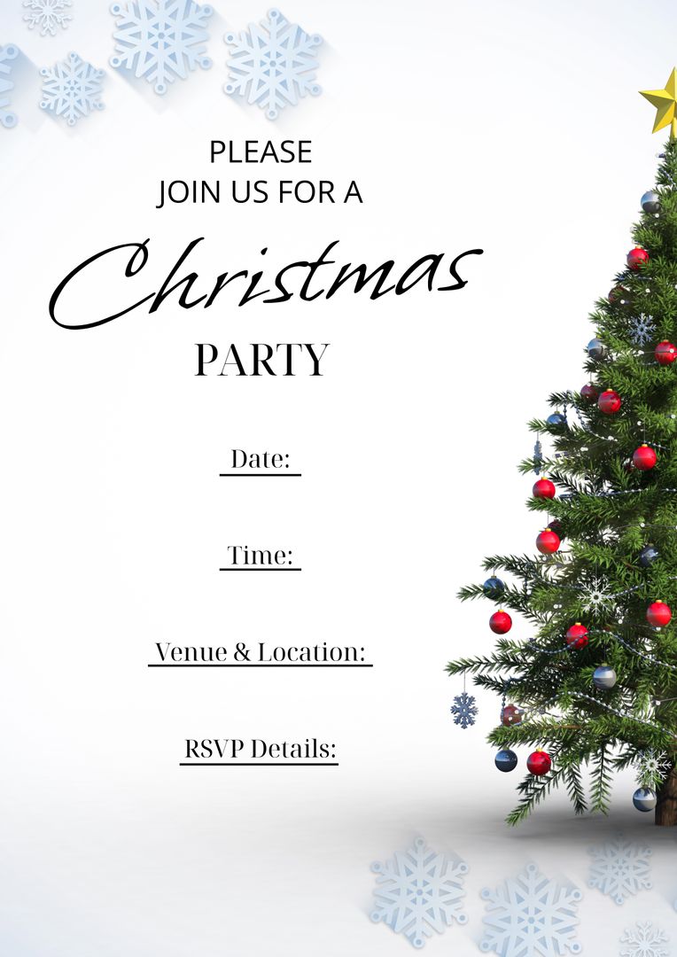 Christmas Party Invitation Template with Snowflakes and Decorated Tree - Download Free Stock Templates Pikwizard.com