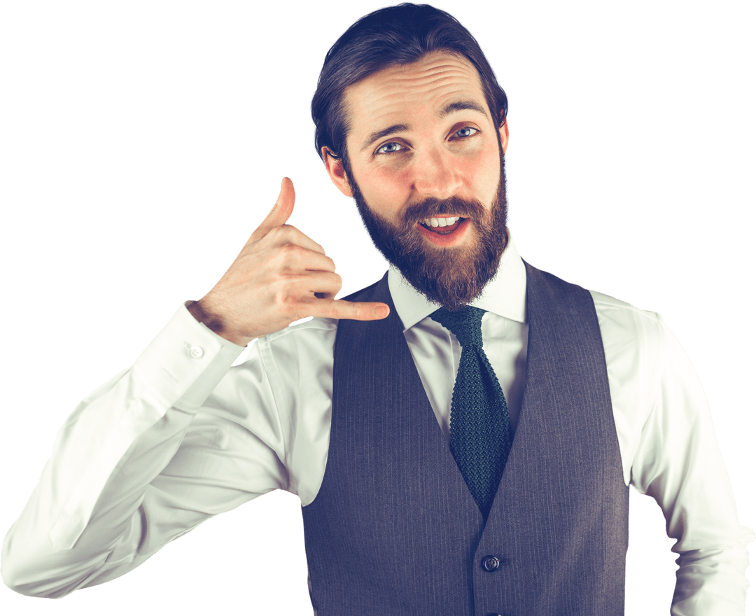 Transparent Young Businessman Making Shaka Hand Gesture