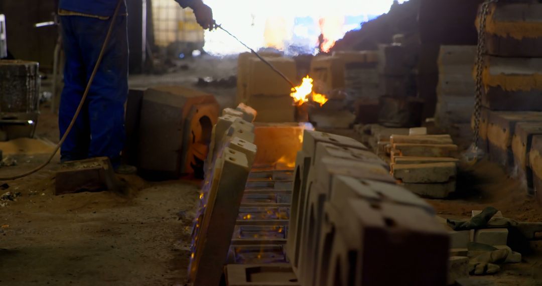 Worker Handling Molten Metal in Industrial Foundry - Free Images, Stock Photos and Pictures on Pikwizard.com