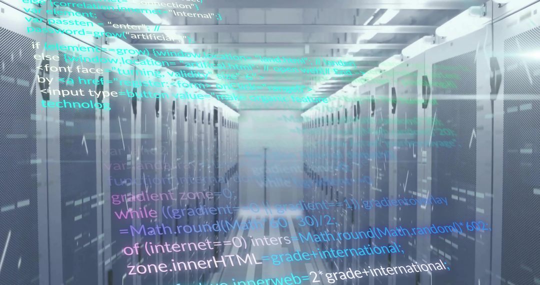 Futuristic Data Center with Code Overlay and Blinking LED Lights