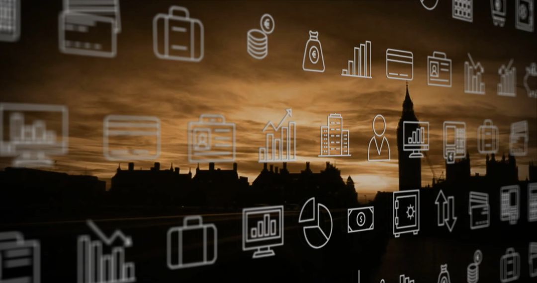 Floating Finance Icons Overlay City Skyline at Dusk