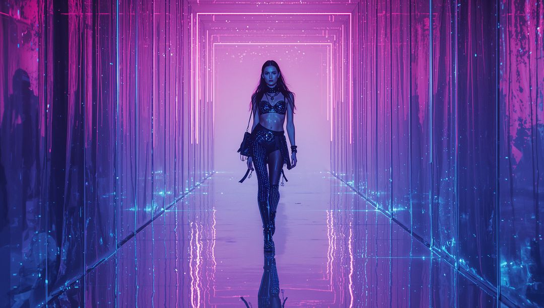 Futuristic Fashion Model Striding Through Neon Mirror Tunnel