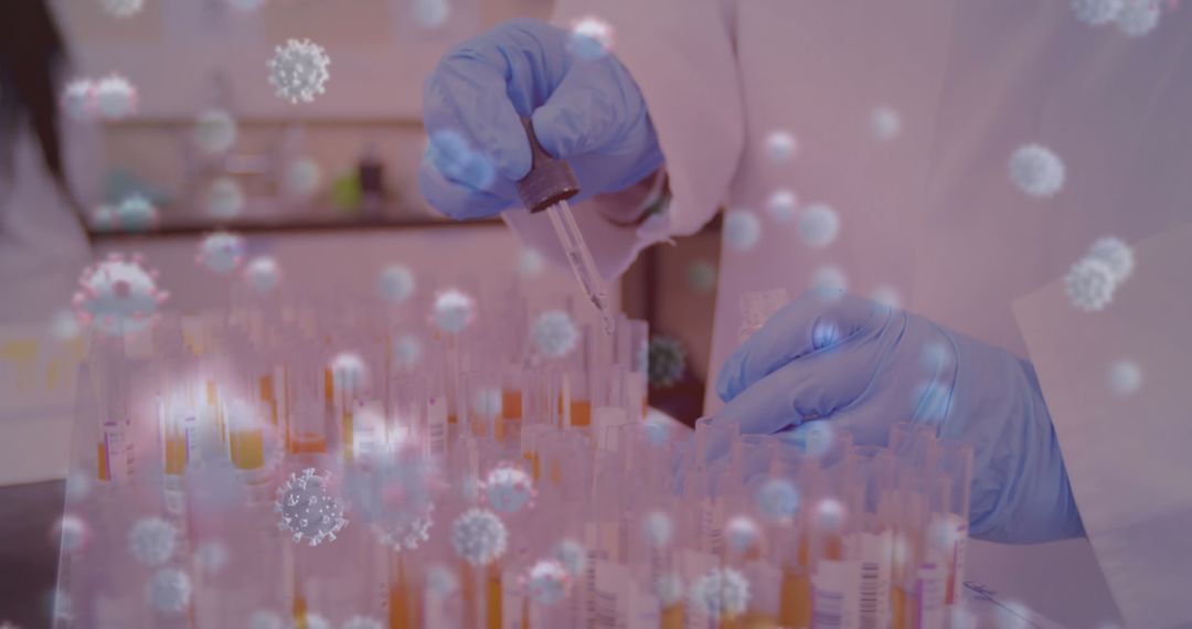 Scientists Conducting Research Amidst COVID Symbolic Elements