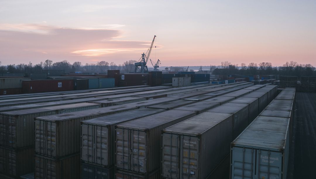 Dusk Over Intermodal Container Yard Showing Stacked Shipping Containers and Cranes