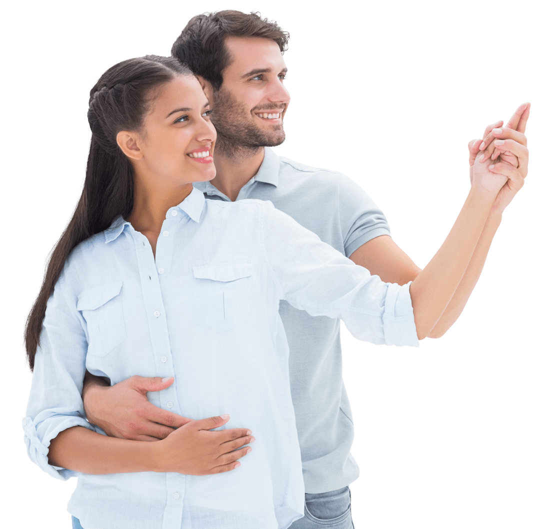 Happy Couple Embracing and Pointing On Transparent Background