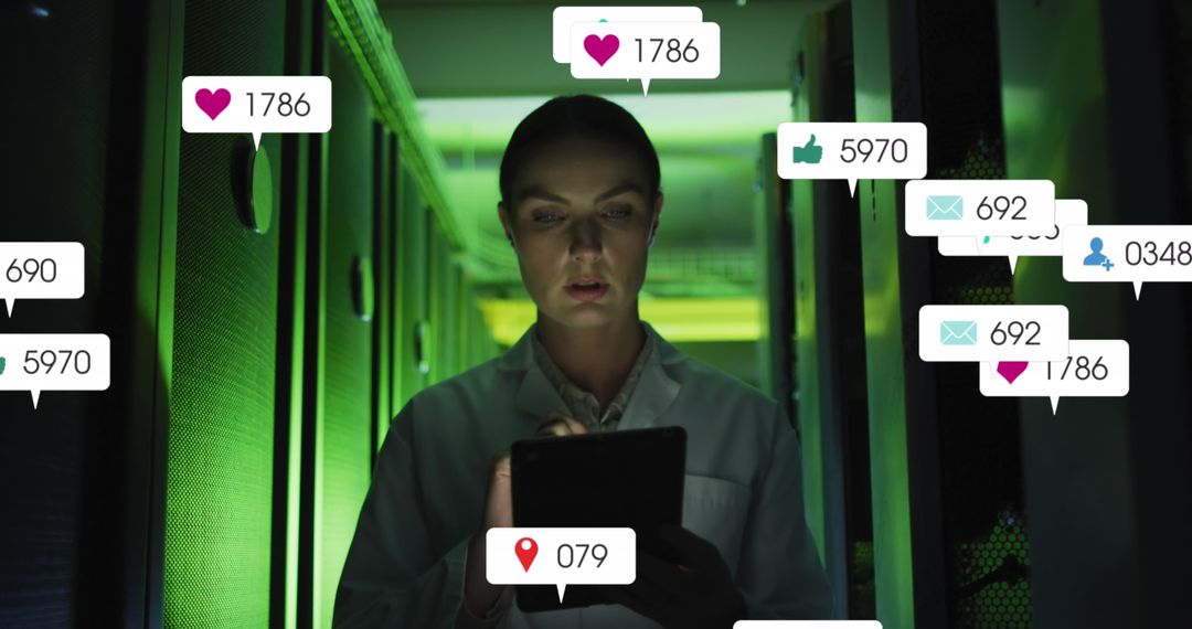 IT Technician Analyzing Data Amidst Social Media Icons in Server Room