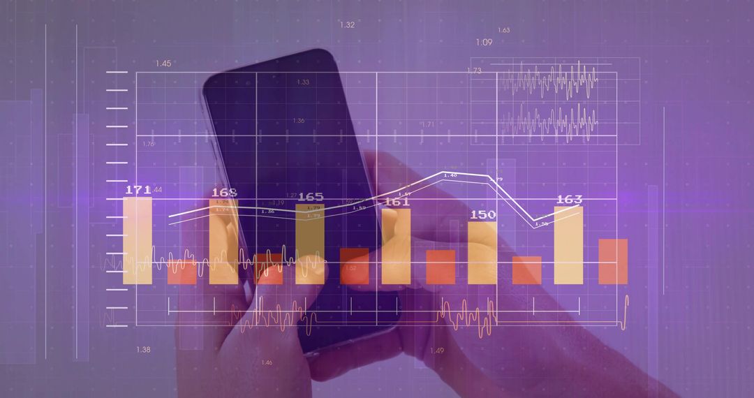 Hands Holding Smartphone with Bar Charts and Line Graphs Overlay
