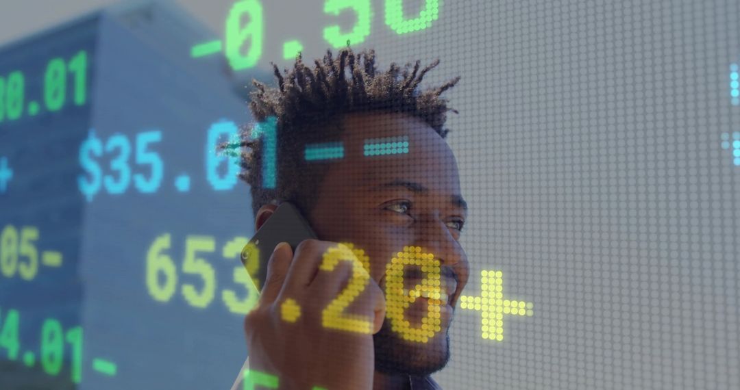 Businessman Talking on Phone with Stock Market Ticker Overlay