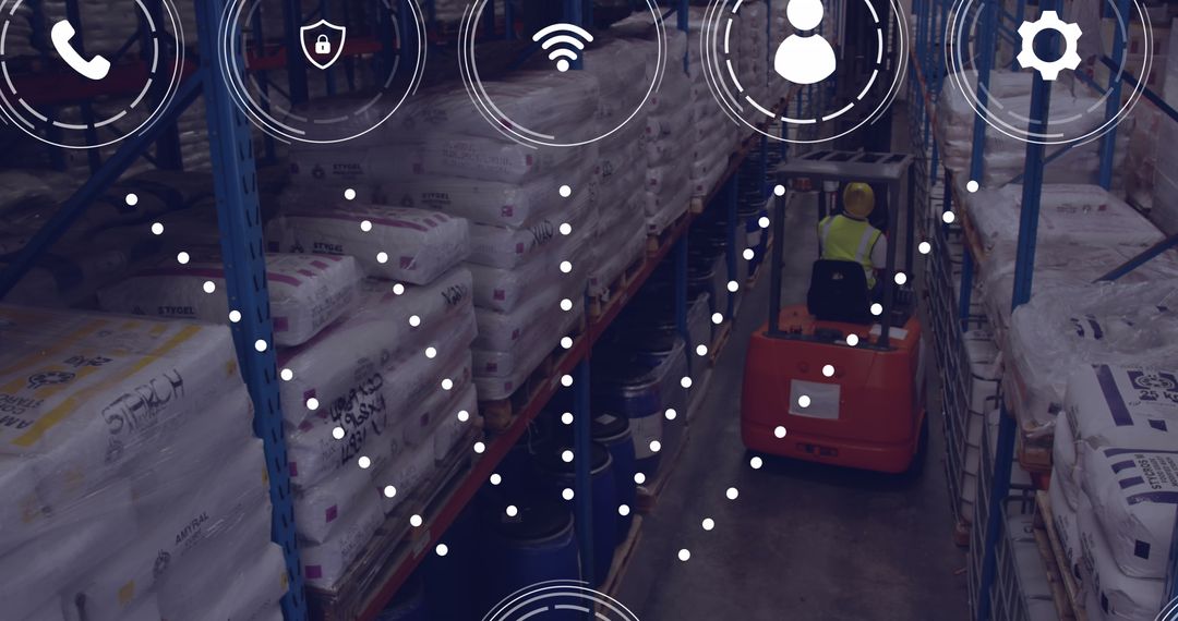 Digital Interface Icons Overlaying Warehouse Worker Background