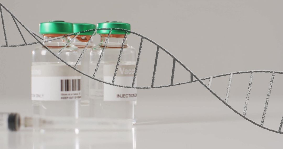 DNA Strand with Vaccine Vials and Genetic Data Overlay