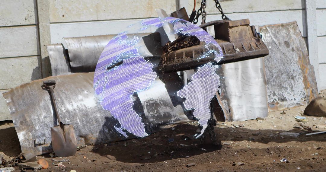 Industrial Electromagnetic Lifting with Futuristic Globe Hologram