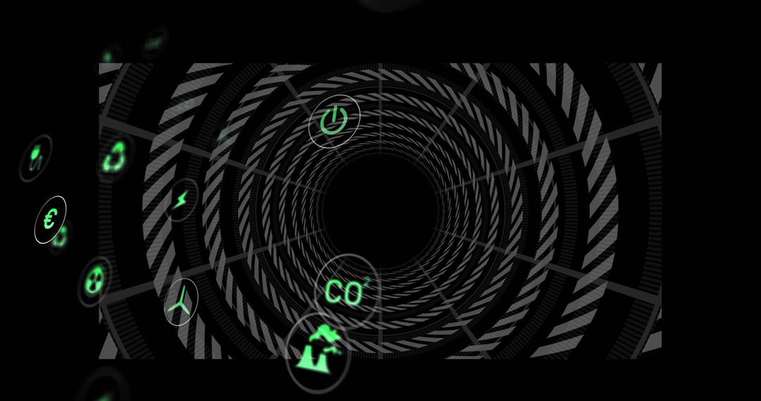 Futuristic Wireframe Tunnel with Floating Neon Green Icons