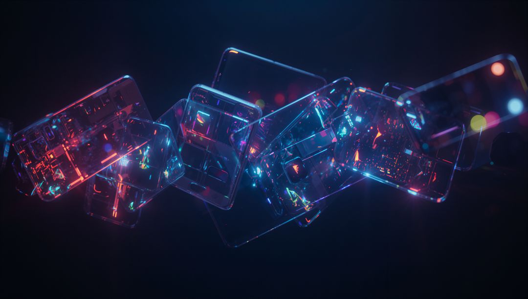 Glowing Neon Circuit Glass Cubes in Dark Abstract Void