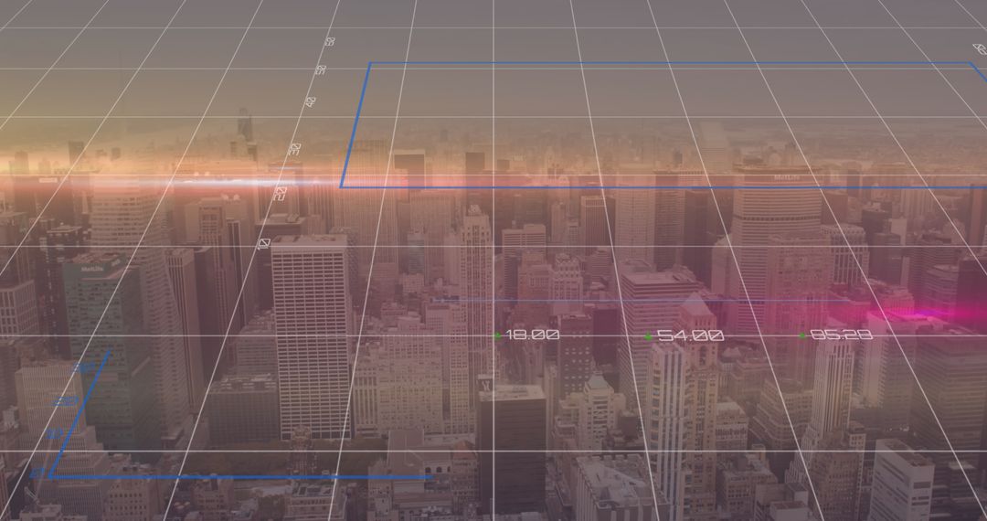 Digital Networks Over Cityscape with Financial Data Overlay