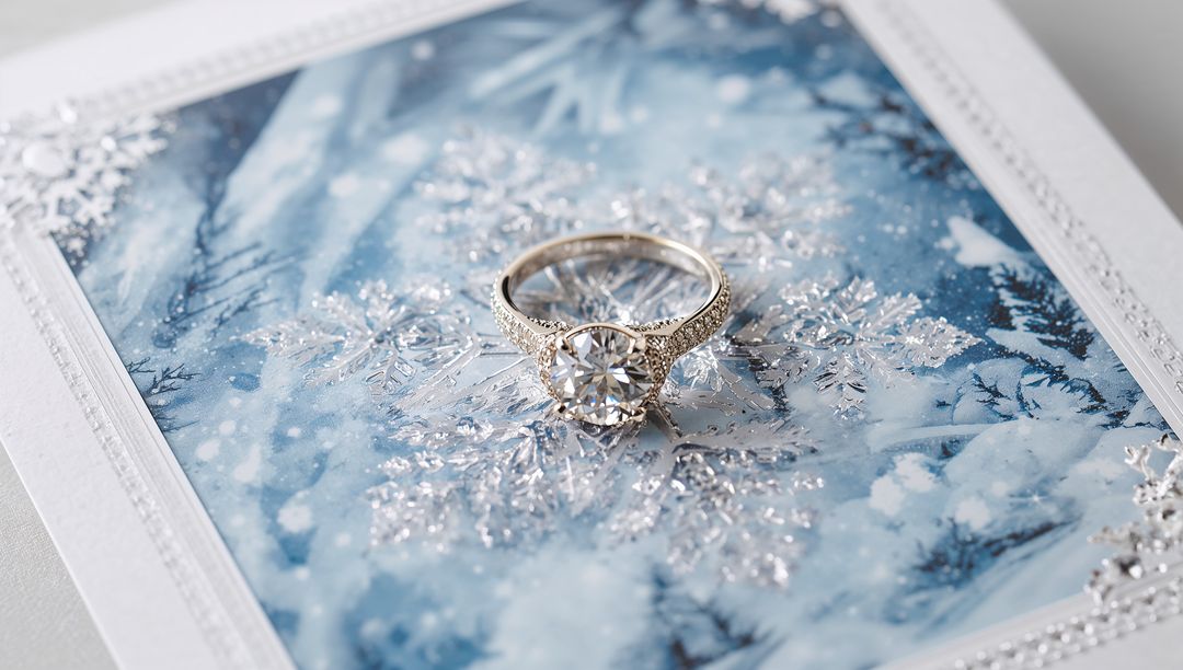 Sparkling solitaire engagement ring resting on snowflake card with vintage filigree pave band