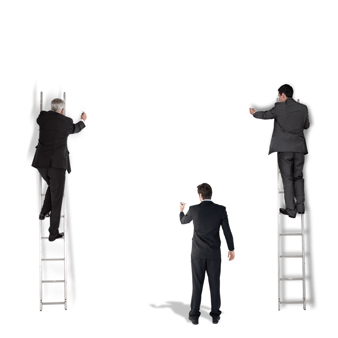 Back View of Three Businessmen on Ladders Isolated on Transparent