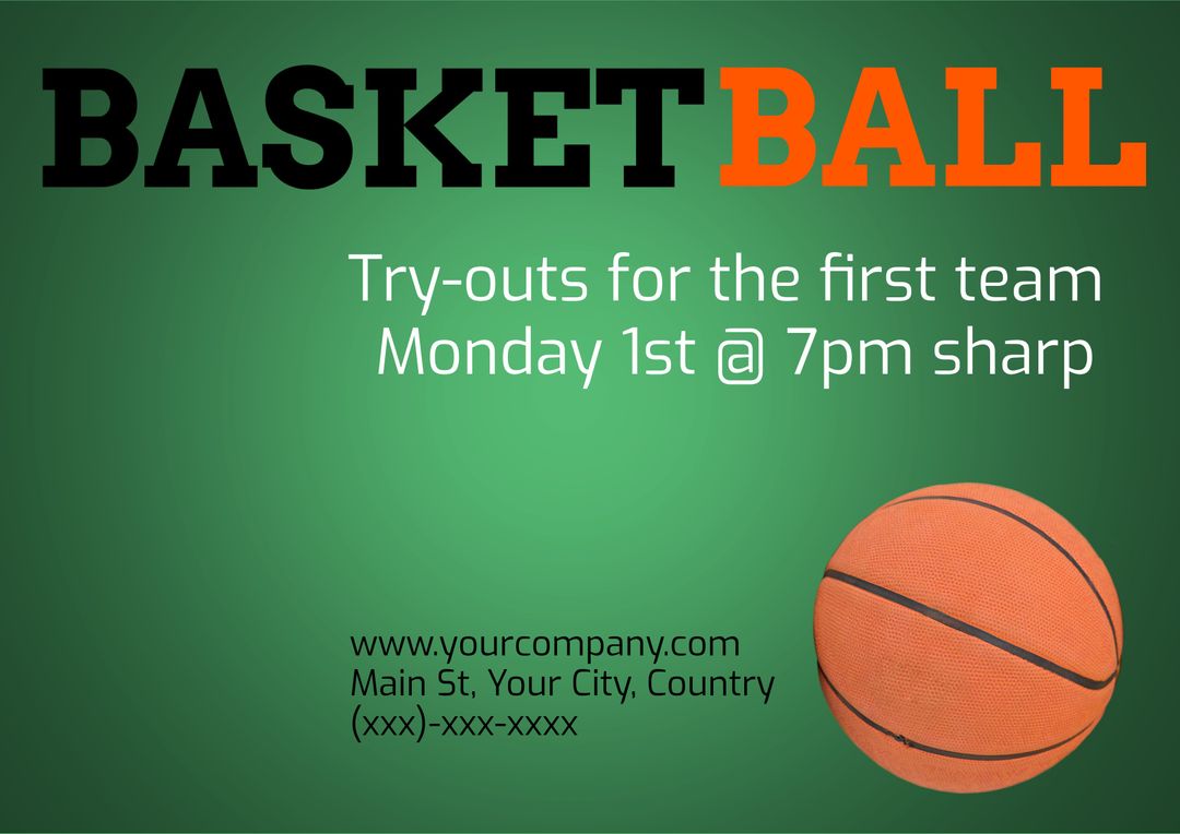 Basketball Try-Outs Announcement with Bright Green Background - Download Free Stock Templates Pikwizard.com