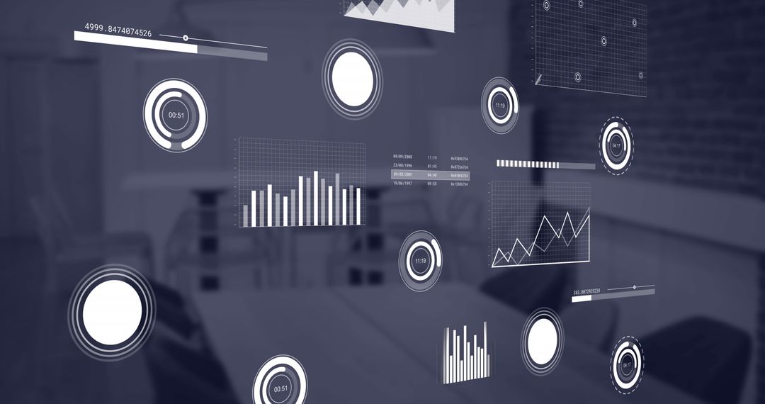 Digital Data Visualizations Over Empty Coffee Shop Tables