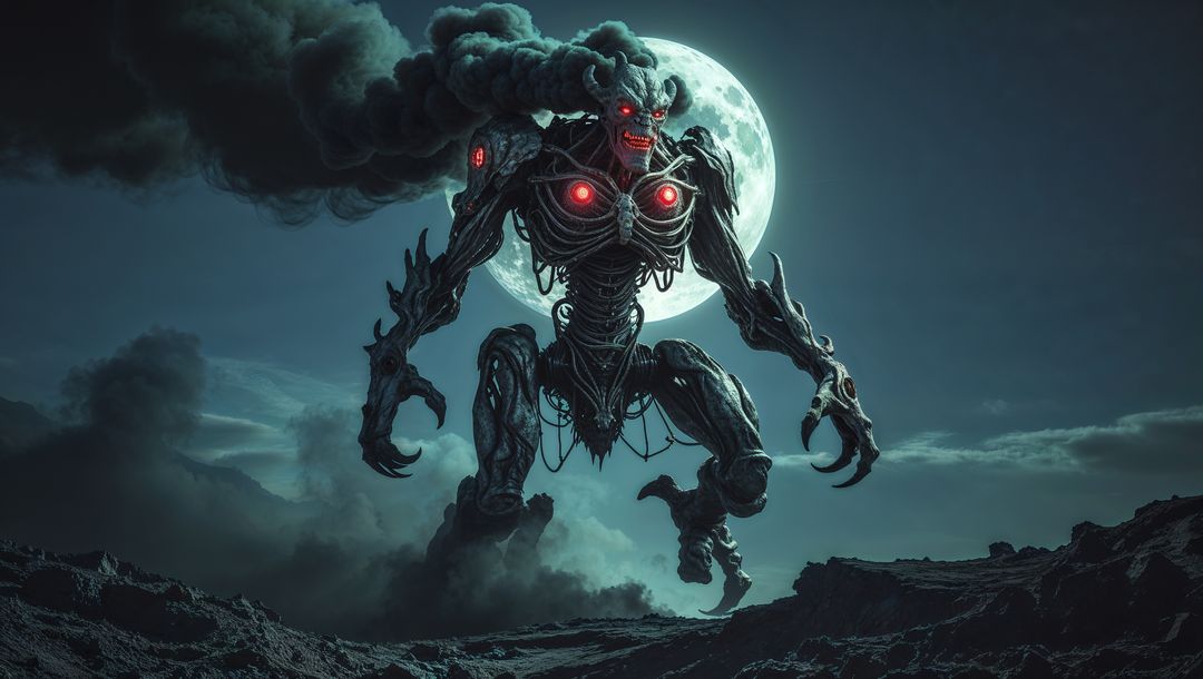 Biomechanical demon advancing under lunar glow in hell landscape