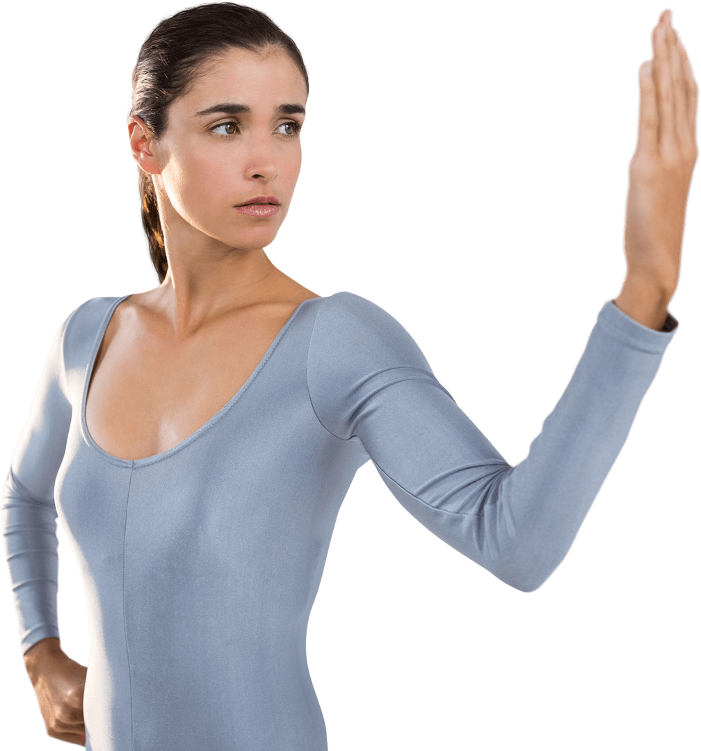 Young Woman in Transparent Gray Attire Posing with Raised Palm