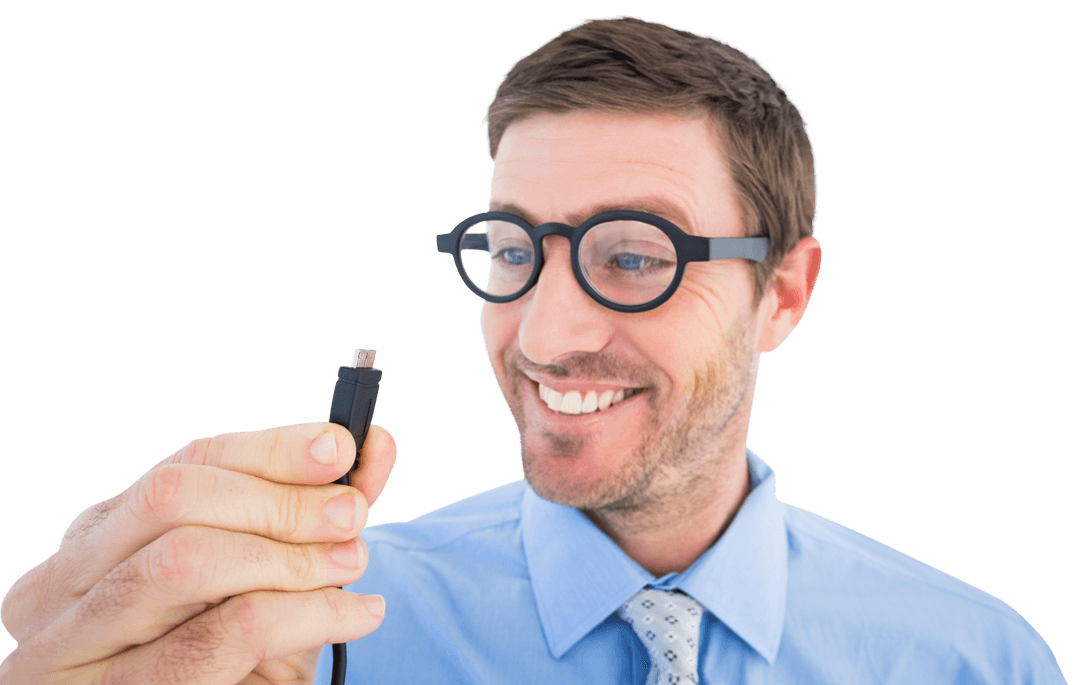 Transparent Geeky Businessman Holding Cable with Happy Expression