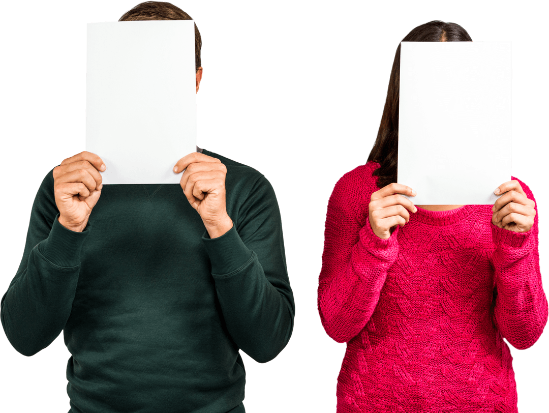 Couple Holding Transparent Sheets Covering Faces