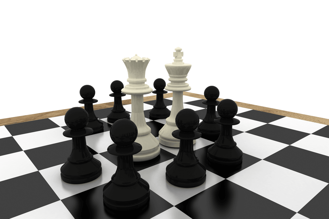 Transparent Chess Scene with Black Pawns Surrounding White Royals