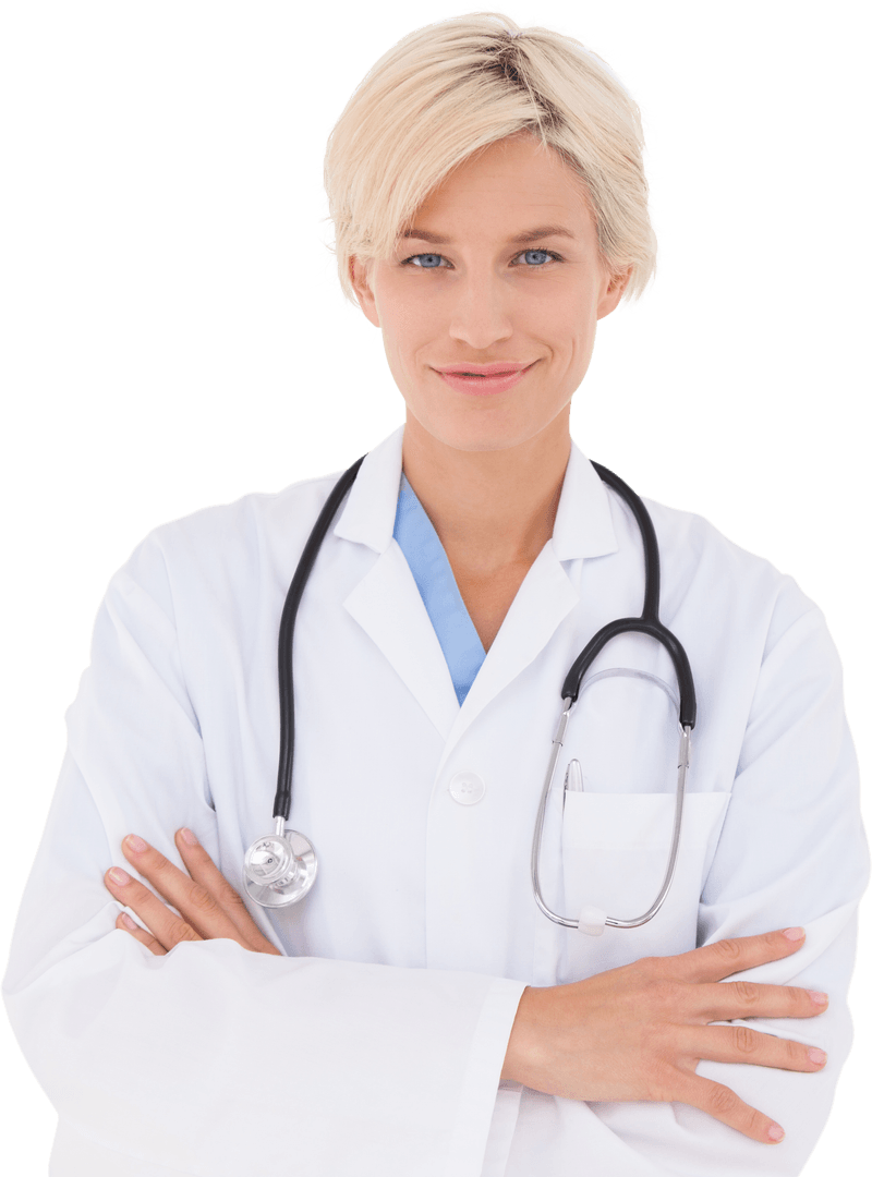 Smiling Blonde Doctor with Stethoscope on Transparent Background
