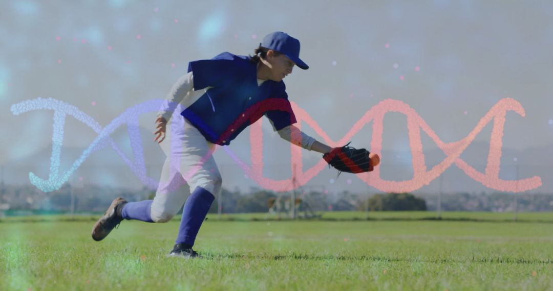 Baseball Player Catching Ball with DNA Helix Overlay