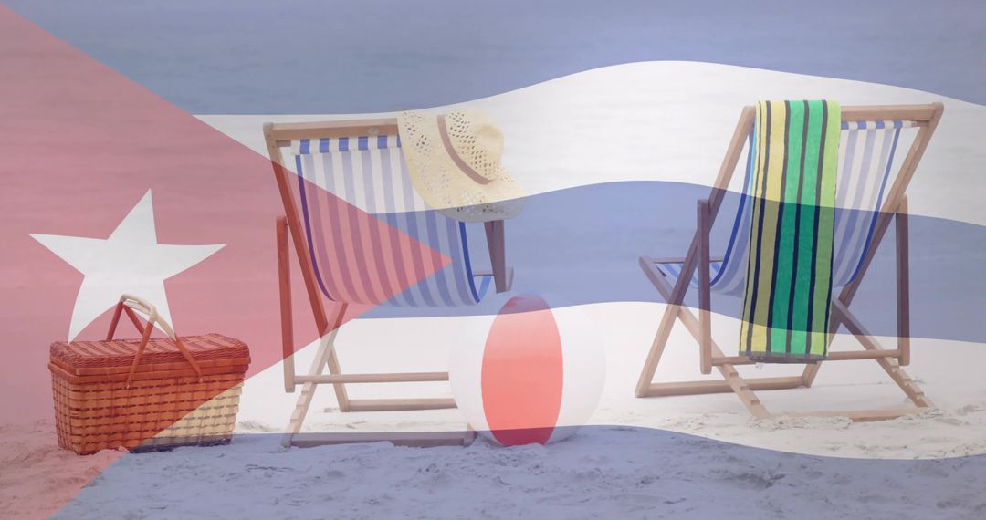 Relaxing Beach Scene with Cuban Flag Overlay and Deck Chairs